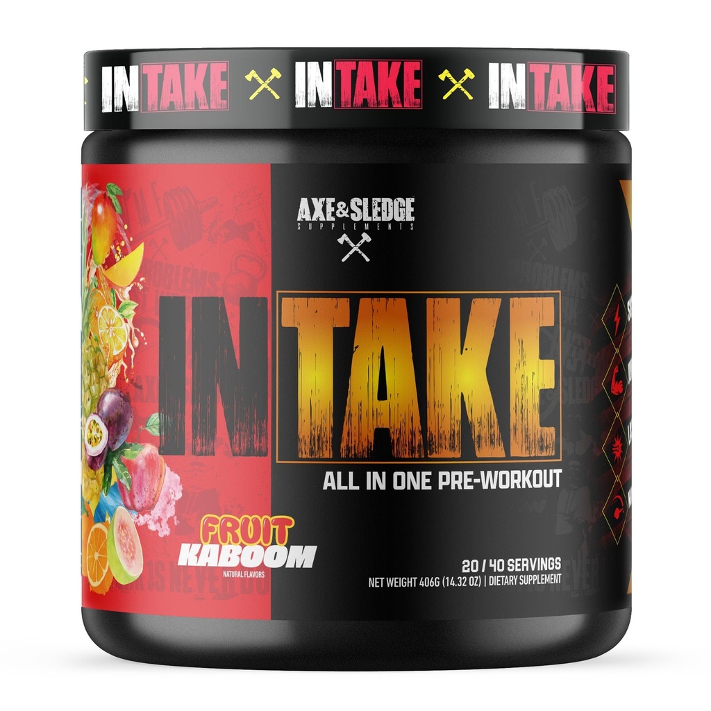 Axe & Sledge Intake All-in-One Pre-Workout | 300mg Caffeine | L-Citrulline, Beta Alanine, Betaine for Performance & Focus | Pre-Workout for Men & Women | 20/40 Servings, Fruit Kaboom