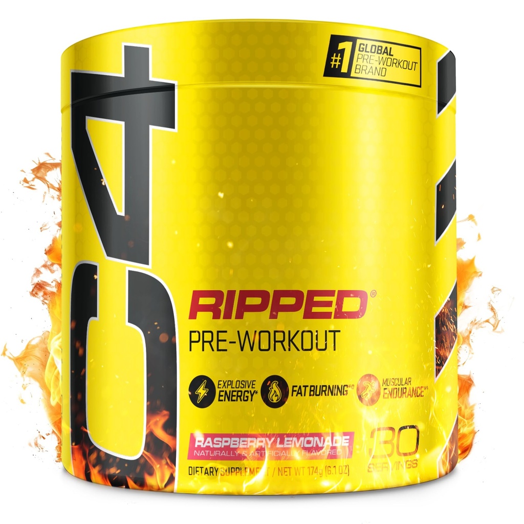 C4 Ripped Pre Workout Poudre pour l'énergie, Beta Alanine, Zero Sugar Energy Supplément Préentraînement pour les hommes et les femmes - 150mg Caféine + Sans créatine - Lémonade aux framboises - 30 portions