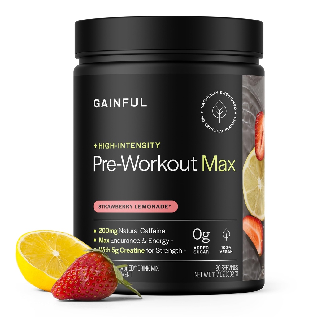 Poudre de pré-entraînement de haute intensité avec 200mg de caféine, 5g de créatine, citronnade de fraise, soutient l'énergie, la force, l'endurance, et la récupération, BCAA, Beta Alanine, L-Citrulline, 20 portions
