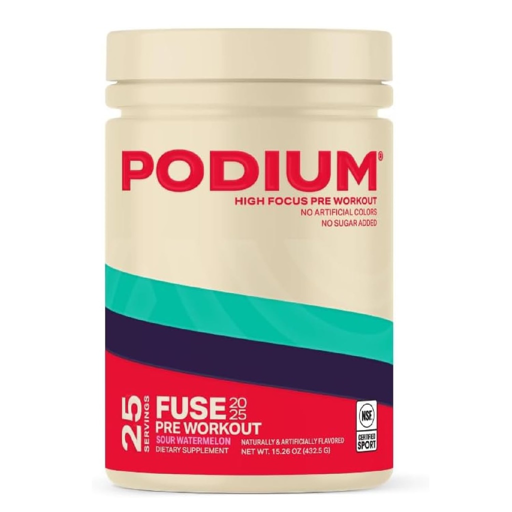 Podium Nutrition, Fuse 2025 poudre de pré-entraînement, pastèque aigre, 25 portions, béta alanine et caféine pour l'énergie, sans gluten, sans soja, sans lait
