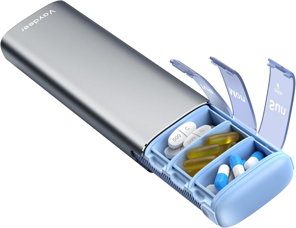 Vaydeer Metal Pill Organisateur, boîte à pilules hebdomadaire de 7 jours, étui quotidien de pilules de grande capacité pour suppléments, pilules, vitamines et médicaments (petit, Gunmetal)
