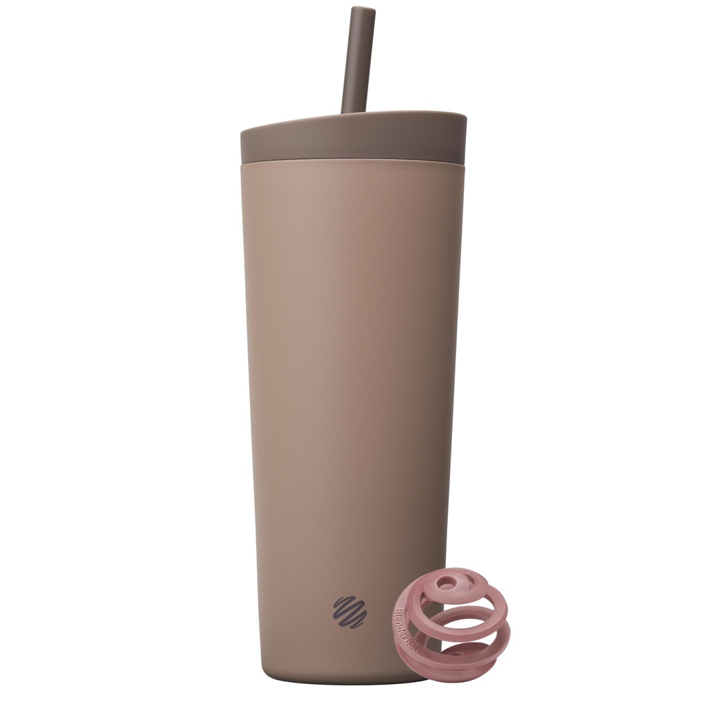 BlenderBottle 2-en-1 Tumbler en acier inoxydable isolant, pince antidérapante, paille, BlenderBall, sans BPA, pour les shakes protéiques, smoothies, et pré-entraînement, 24 oz, brun (Cocoa)