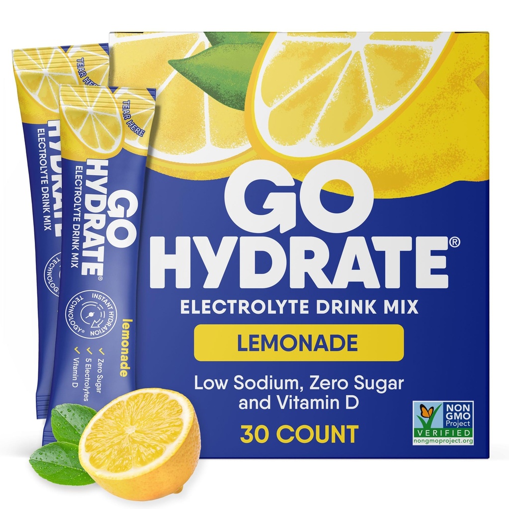 GoHydrate faible sodium électrolytes poudre packets sans sucre - hydratation instantanée boisson quotidienne mélange - Zéro sucre de l'eau packet d'arôme de sucre simples avec la vitamine D - (Lémonade, 30 paquets)