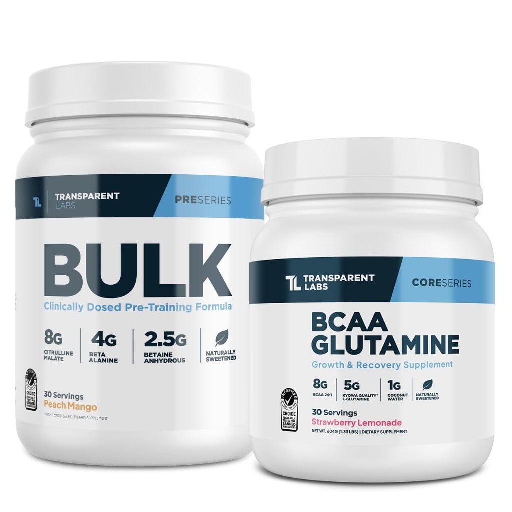 Transparent Labs Bulk Pre-Workout (30 Servings, Peach Mango) & BCAA Glutamine (30 Servings, Strawberry Lemonade)