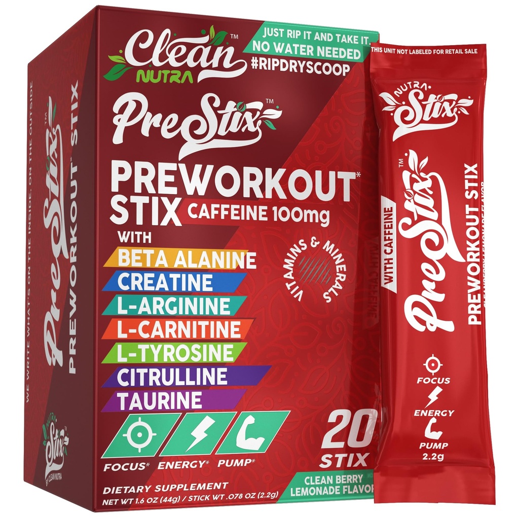 Clean Nutraceuticals Pre Workout Powder Energy Sticks - Caffeine 100mg, Energy Drink Mix, Creatine Monohydrate, Beta Alanine, L-Citrulline, L-Tyrosine, L-Carnitine, Electrolyte Hydration Packets 20 Ct