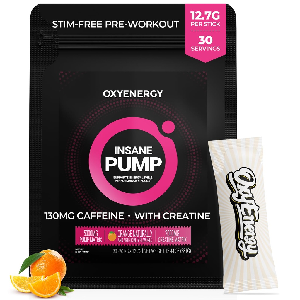 Poudre de pré-entraînement OxyEnergy -Orange, Non Stim 130mg Basse Caféine, Packets en marche avec Beta Alanine, Monohydrate de créatine et Taurine pour les utilisateurs sensibles, les femmes, les séances d'entraînement du soir - 30 portions