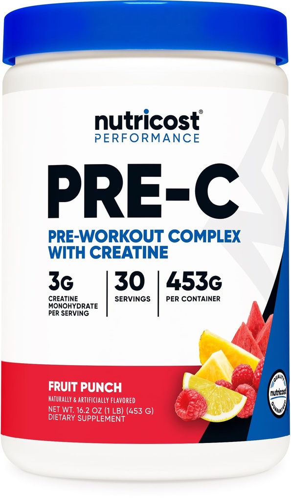 Nutricost Pre-C Complexe pré-entraînement avec créatine (Fruit Punch) 30 portions en poudre - Boost Fintess Routines, 453g