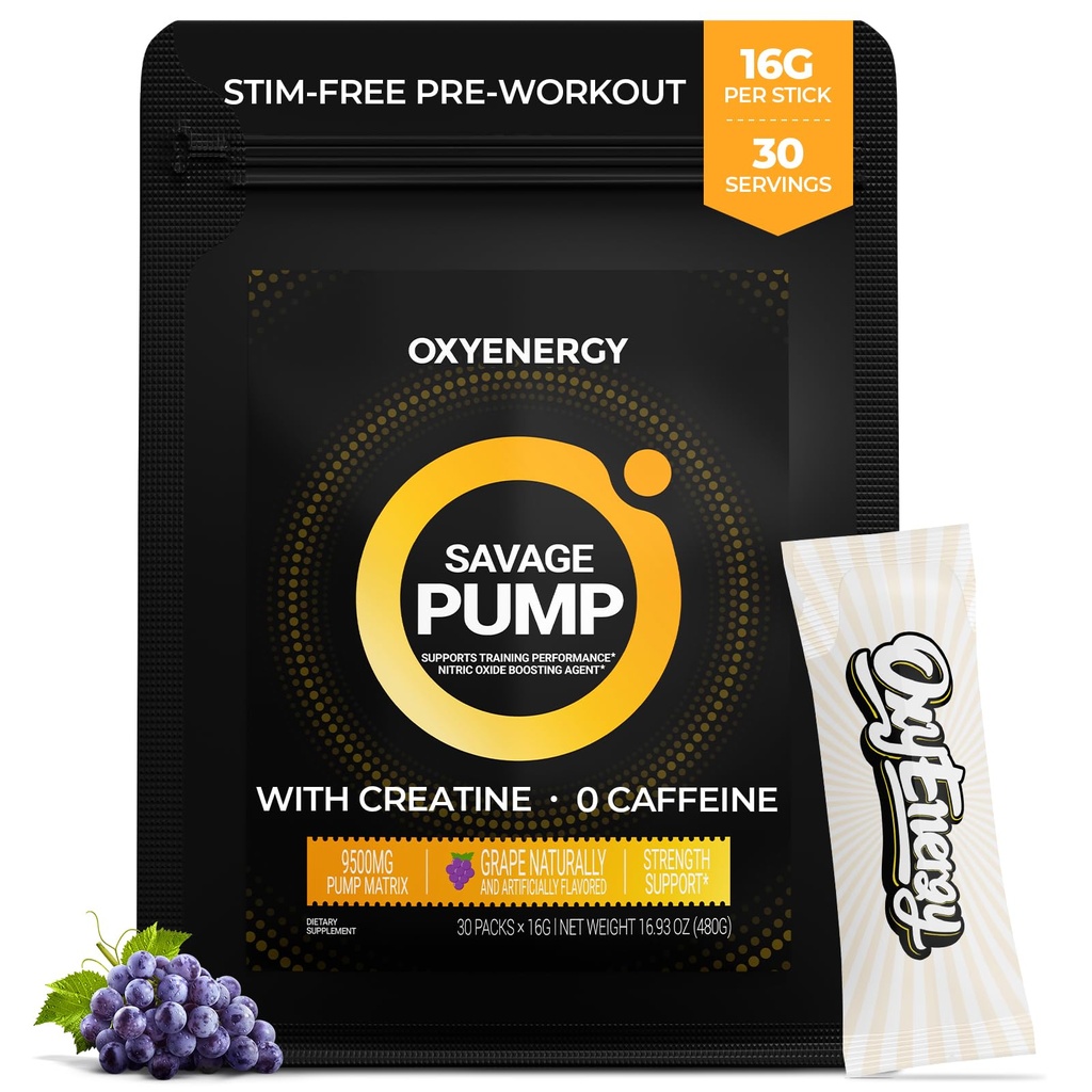 Booster d'oxyde nitrique OxyEnergy, Poudre de pré-entraînement Max Pump non Stim pour hommes, avec Beta Alanine, L Citrulline, Créatine pour la circulation, Pompes musculaires, Endurance, Raisin, Packet On-The-Go-The-Go - 30 portions