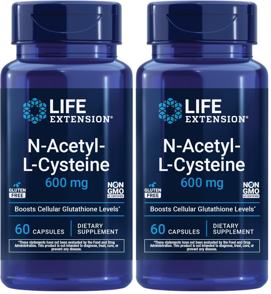 Life Extension N-Acetyl-L-Cysteine (NAC),Immune,Respiratory,Liver Health,NAC 600 mg,Potent antioxidant Support,Free-radicals,Easy to Absorb,60 Capsules,(Pack of 2)