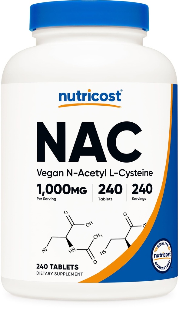 Nutricost N-acétyl L-Cysteine (NAC) 1000 mg, 240 comprimés végétaliens - Sans OGM, sans gluten, supplément végétarien