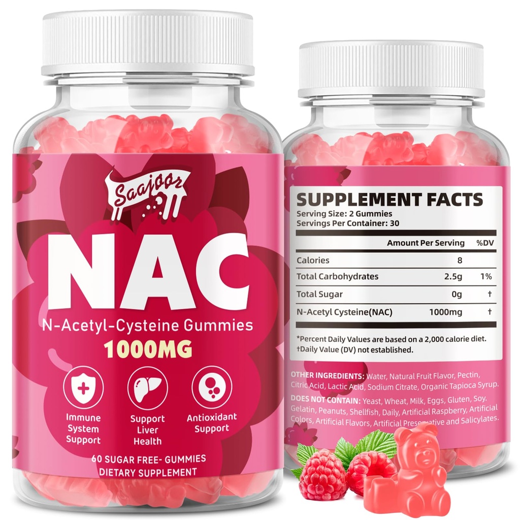 NAC Gummies Sans Sucre, N-acétyl Cysteine Supplément NAC 1000mg pour les antioxydants, Immune Support, Non-OGM, Sans gluten, Vegan – Arôme de framboise, 60 Gummies