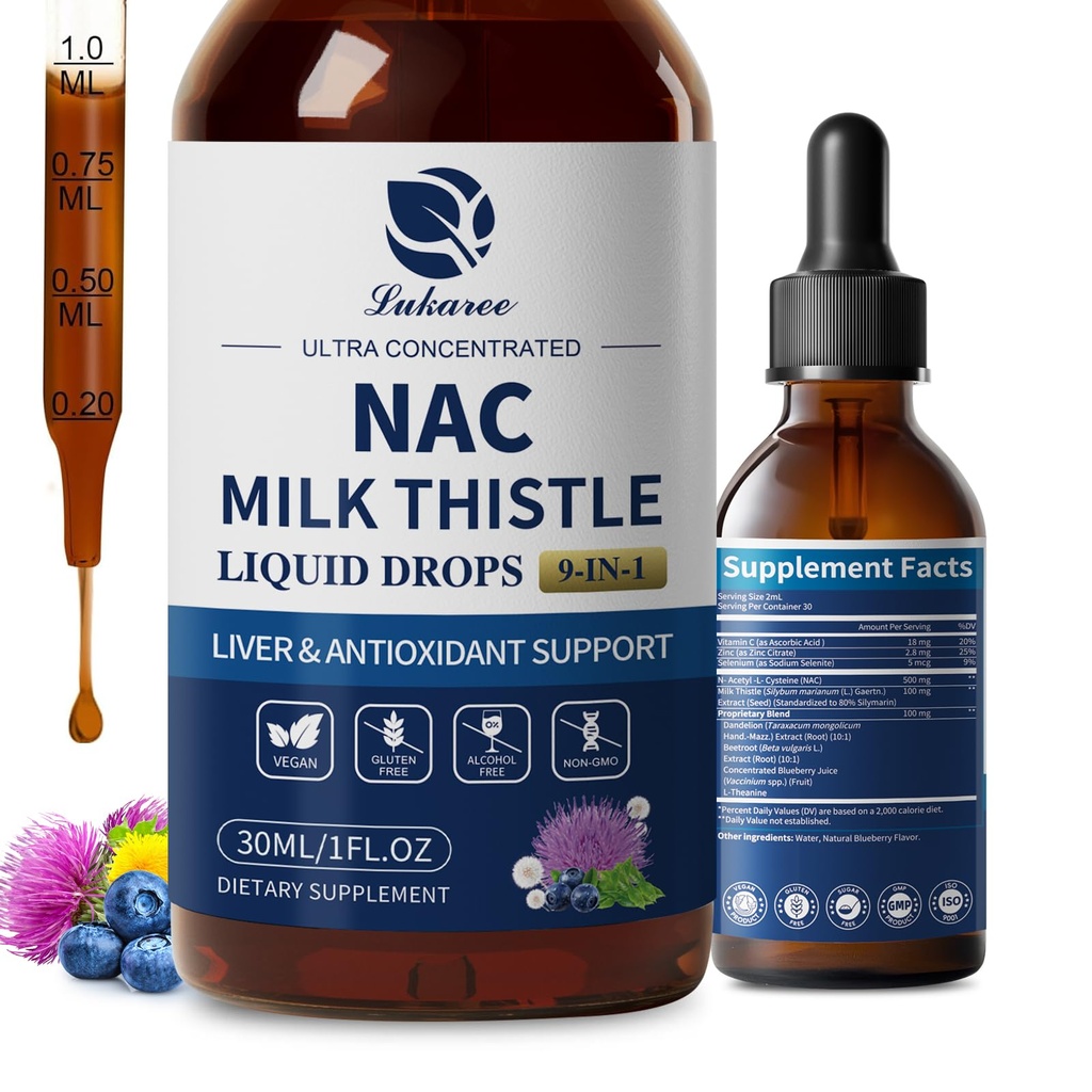 Lukaree Liposomal NAC Supplément N-acétyl-L-Cysteine 600mg avec le chardon de lait - NAC Amino Acid Des gouttes avec/Sélénium pour le soutien du foie et du rein*, le poumon, les antioxydants et le soutien immunitaire*- Vegan, non-OGM- 2oz