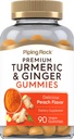 Pipping Rock Turmeric et Ginger Gummies (90) Count (90) Peach Flavor (100) Formule Vegan Non-OGM, Supplément sans gluten
