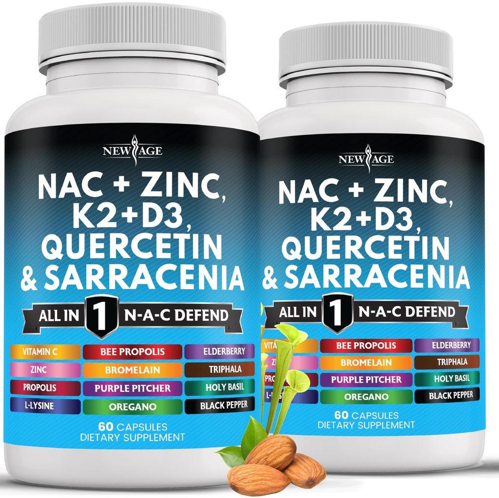 Nouveau supplément N-acétyl Cystéine d'ÂGE avec vitamine D3, K2, zinc, Quercetin, Triphala, Sarracenia Purpurea, Elderberry, Saint Basilic, Propolis d'abeilles, Bromelain, L-Lysine - 120 Compte