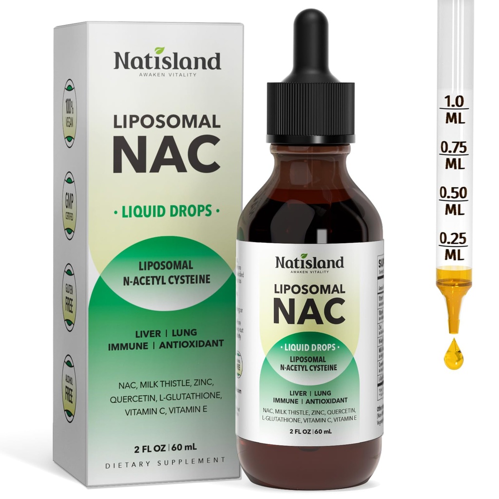 Liposomique liquide NAC gouttes, supplément N-acétyl Cystéine NAC, NAC 600 mg avec Thistle de lait et Quercetine pour adultes et enfants, foie et poumon, crème et antioxydant, peau et santé cellulaire, 2 Fl Oz
