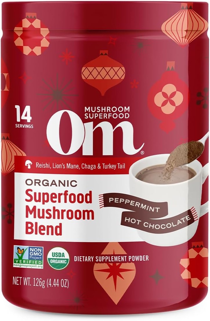 Om Mushroom Superfood Peppermint Hot Chocolate Blend – Poudre de champignons de cacao avec Lion, Reishi, Chaga & Turkey Tail – Immune Santé, Focus & Stress Support – 4,44 oz Canister (14 portions)
