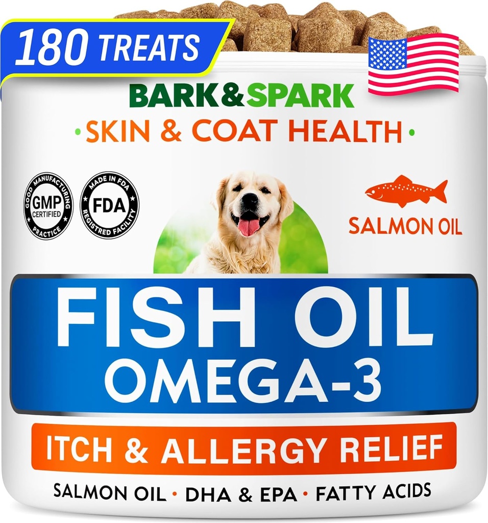 BARK&SPARK Omega 3 pour les chiens - 180 traitements à l'huile de poisson pour l'échouement des chiens, l'allergie cutanée, le soulagement des démangeaisons, le traitement des taches chaudes - Santé articulaire - Supplément de peau et de manteau - ADP et ADH Acides gras - Huile de saumon de canine