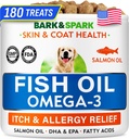 BARK&SPARK Omega 3 pour les chiens - 180 traitements à l'huile de poisson pour l'échouement des chiens, l'allergie cutanée, le soulagement des démangeaisons, le traitement des taches chaudes - Santé articulaire - Supplément de peau et de manteau - ADP et ADH Acides gras - Huile de saumon de canine