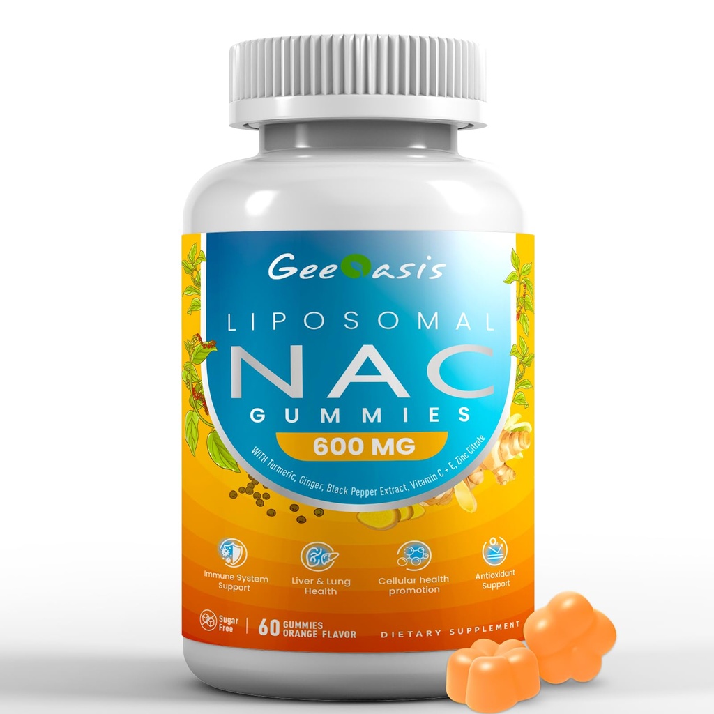 Gommies NAC liposomiques 600mg, supplément N-acétyl Cystéine pour les enfants et les adultes, avec curcuma, gingembre, poivre noir, immunitaire, foie et soutien pulmonaire, antioxydant, saveur d'ananas sans sucre, 60comptes