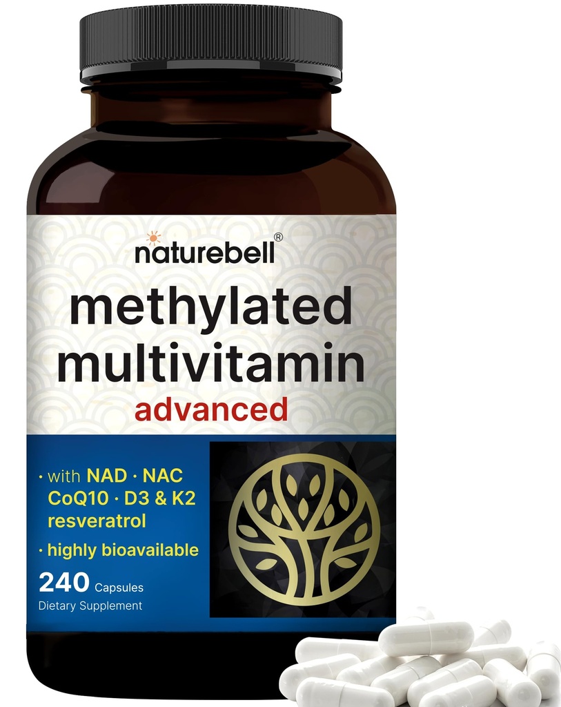 Multivitamines méthylées pour les hommes et les femmes, 240 capsules, 27-en-1 Formule avec complexe de vitamines B, C, D3, K2, NAD, NAC, CoQ10, Resvératrol, Magnésium, Zinc et plus.