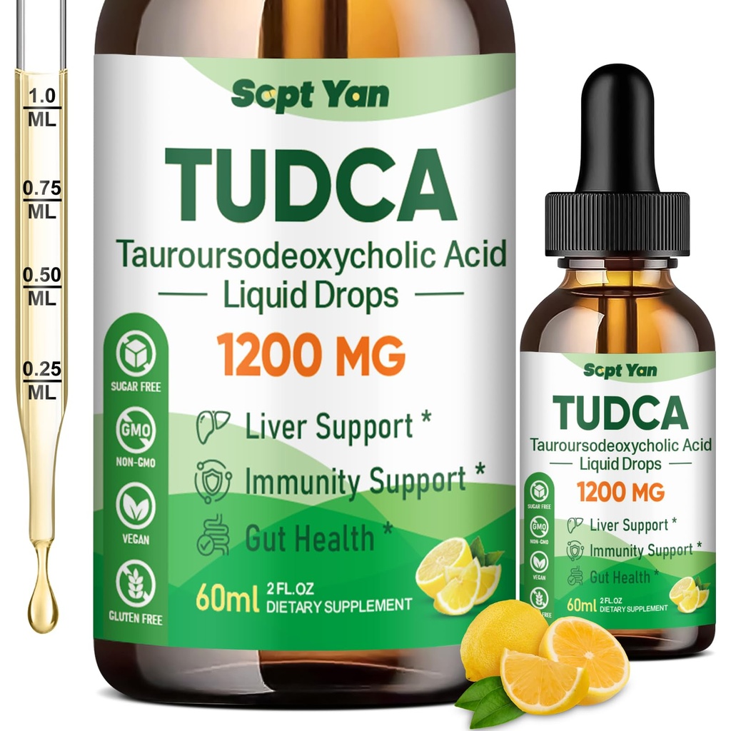 Supplément TUDCA 1200mg gouttes liquides, supplément de foie avec TUDCA, NAC, graines de chardon et de dandelion de lait, pour le soutien du foie, et Gallbladder Cleanse & Repair, sans sucre, végétalien, citron, 2 Fl Oz