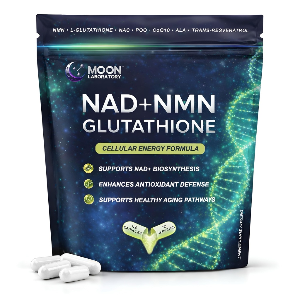 NMN + supplément L-Glutathion – support NAD+, énergie mitochondriale et défense antioxydante avec CoQ10, NAC, PQQ et acide lipoïque alpha – 120 capsules. Boîte de recharge