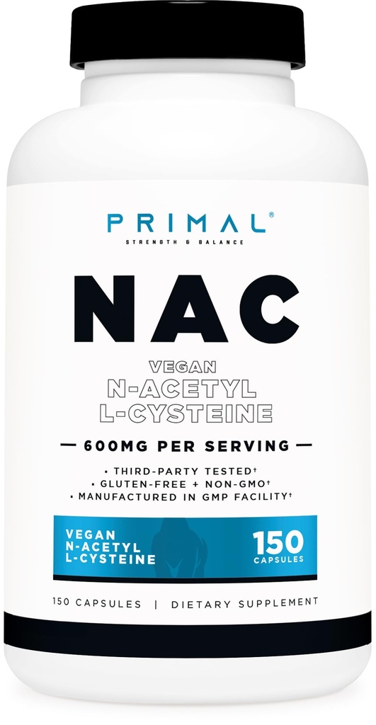 Primal N-acétyl L-Cysteine (NAC) 600mg, 150 Capsules - Supplément végétal N-acétyl L-Cysteine, sans OGM, sans gluten