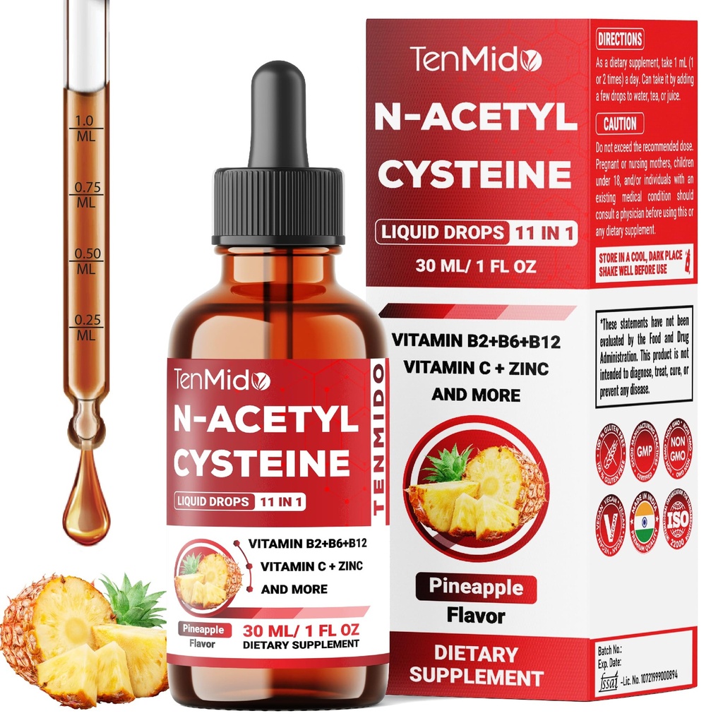 11in1 Supplément Nac N-acétyl Cystéine gouttes liquides avec Quercetin, B-Complex, Sélénium, Glutathion, Bromelain, Thistle de lait et plus - 30ml 1 Fl Oz