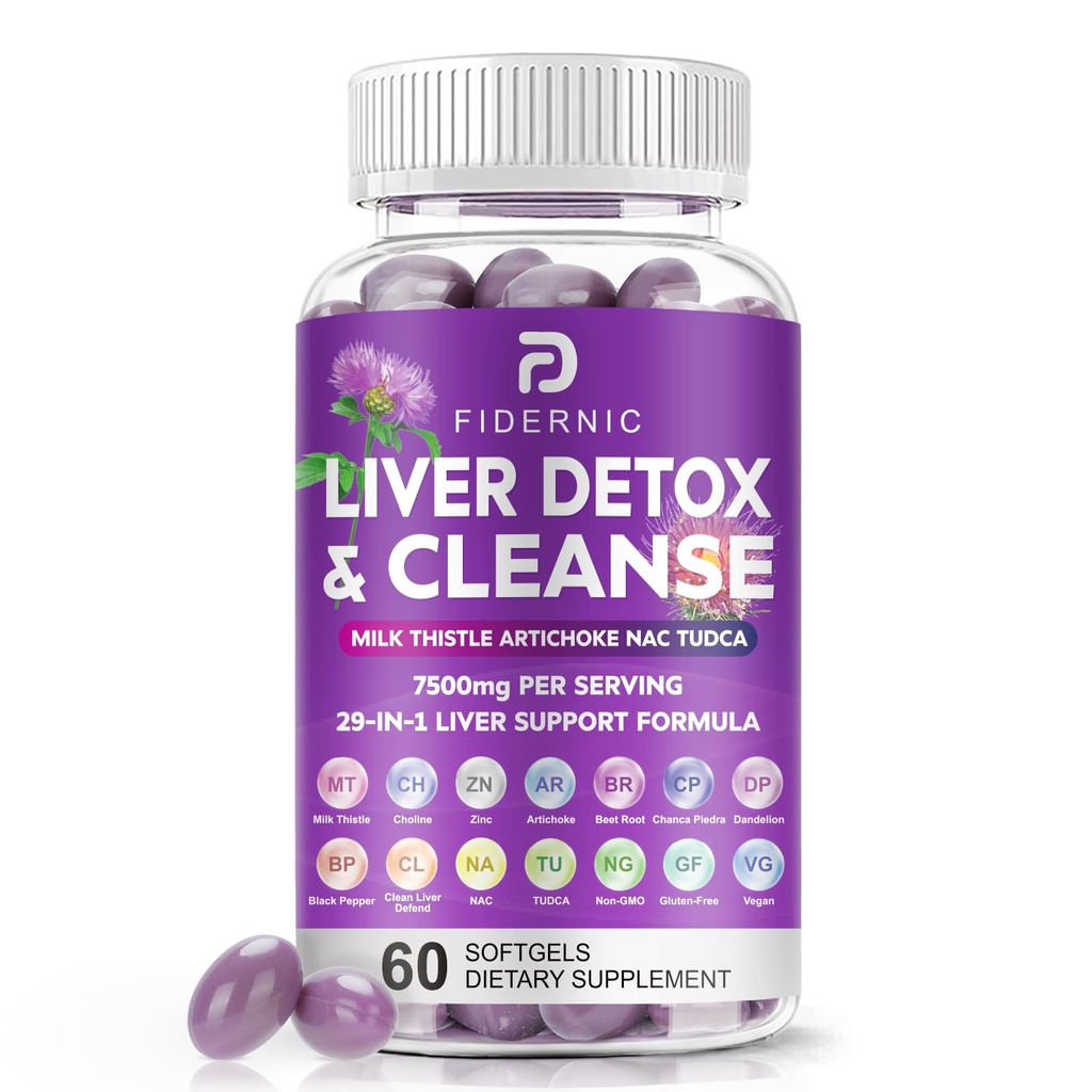 Nettoyer le foie Détox & Réparation - Herbal Liver Support Lait Thistle Supplément, 7500mg Strength Liver Health Support avec Silymarin Artichaut Extrait Dandelion Beet TUDCA Choline NAC, 60 Softgels