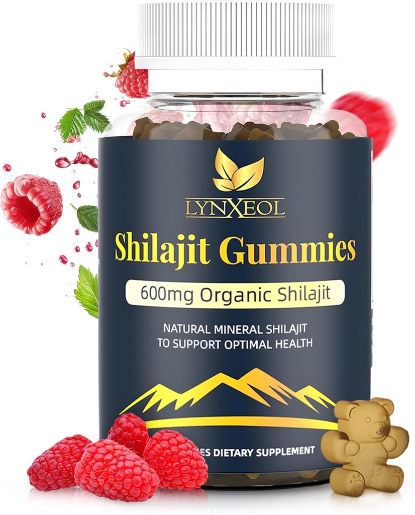 Gummées d'or pur Himalayan Shilajit avec Gokshura & Ashwagandha – sans sucre, biologique, labo-testé avec 85+ Trace Minerals & Fulvic Acid – Supplément non OGM pour les hommes et les femmes, 60 Gummées