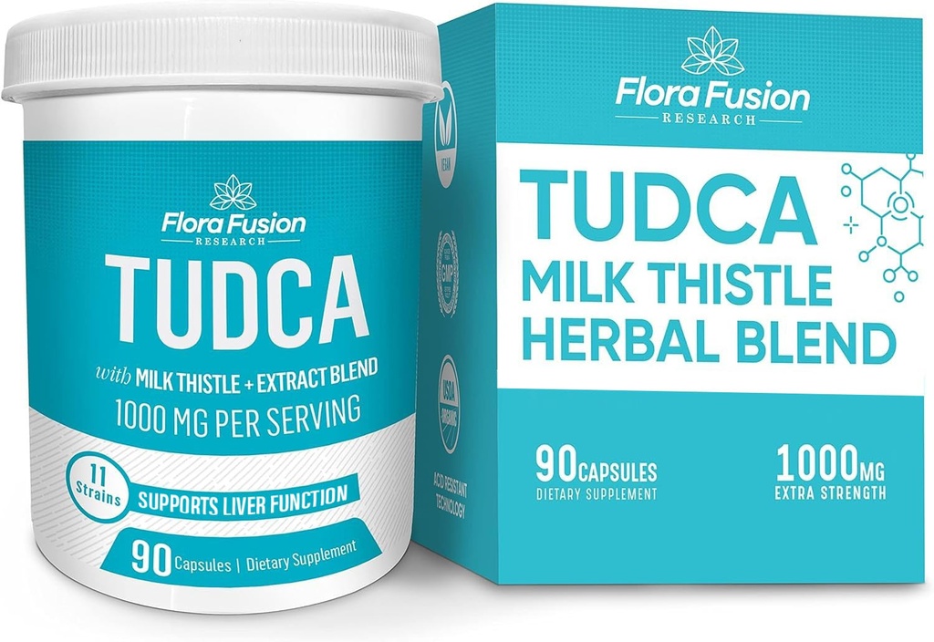 Flora Fusion TUDCA de Dr Miller avec extrait de chardon de lait, 1000mg par portion, supplément de nettoyage du foie et de la vésicule, soutient la fonction du foie, 90 capsules (approvisionnement de 45 jours)