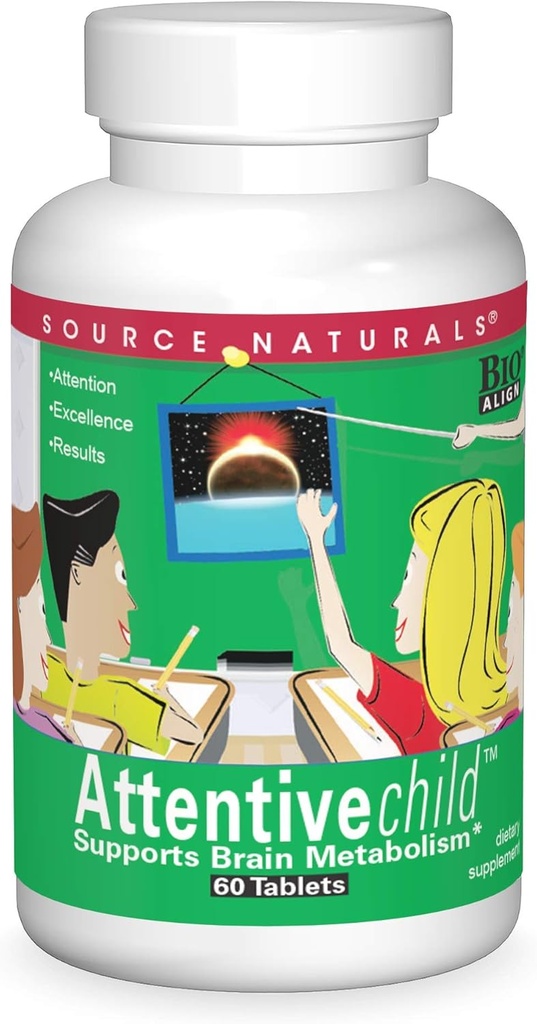 Source Naturals Attentive Child - Nutriments cognitifs sains pour les enfants actifs - Accent et attention améliorés avec DMAE, Magnésium, Zinc et Extrait de graines de raisin - 60 comprimés