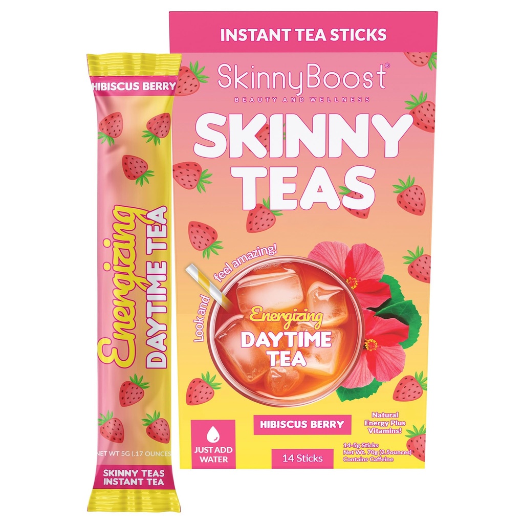 Thés skinny Energing Daytime Tea Sticks – Hibiscus Berry thé instantané, énergie naturelle + soutien du métabolisme, vitamines + fibre prébiotique, 10 calories, 14 comte