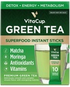 Paquets instantanés de thé vert VitaCup, améliorer l'énergie et la désintoxication avec Matcha, Moringa, B Vitamines, D3, Fibre, Keto, Paléo, Vegan en poudre de thé bâtons de service unique, 10 Ct