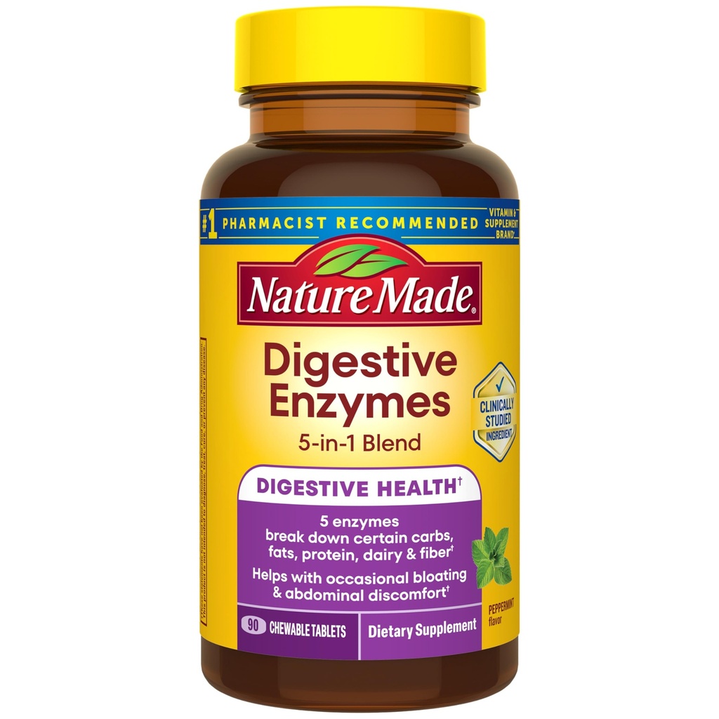 Nature faite enzymes digestives mélange 5-en-1, soutien de santé digestive, 90 comprimés à croquer, 30 jours d'approvisionnement