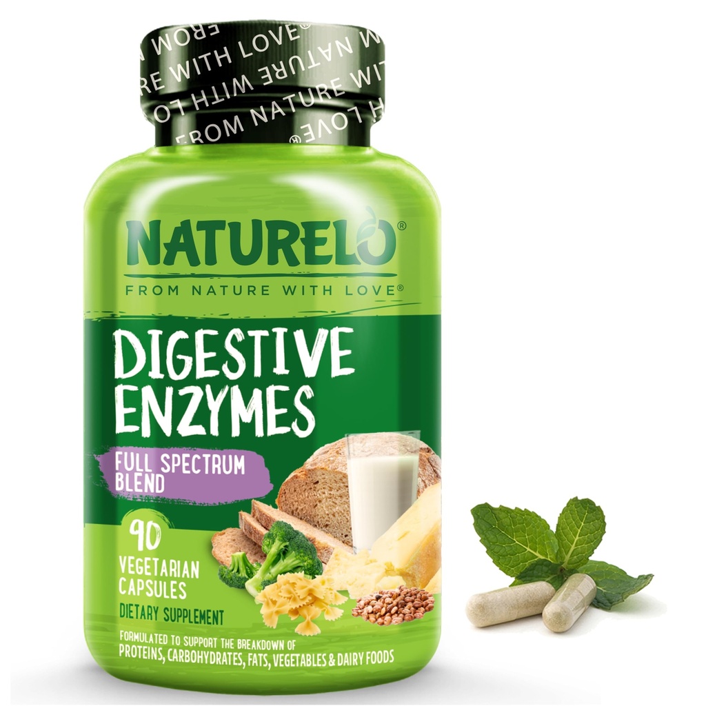 NATURELO Enzymes digestifs - Support plein spectre avec un mélange large de 15 Enzymes Plus Ginger - 90 Capsules Vegan