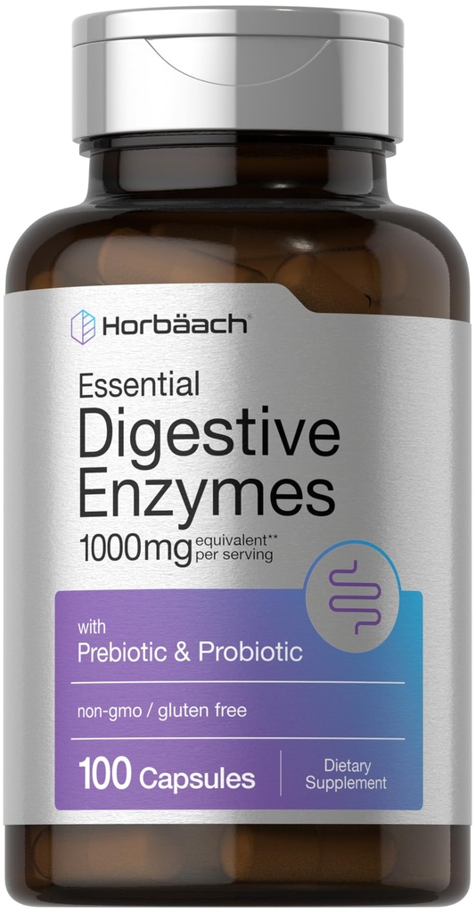 Horbäach Enzymes digestifs essentiels (100 capsules) Mélange enzymatique pour hommes et femmes (100 capsules) Supplément sans OGM et sans gluten