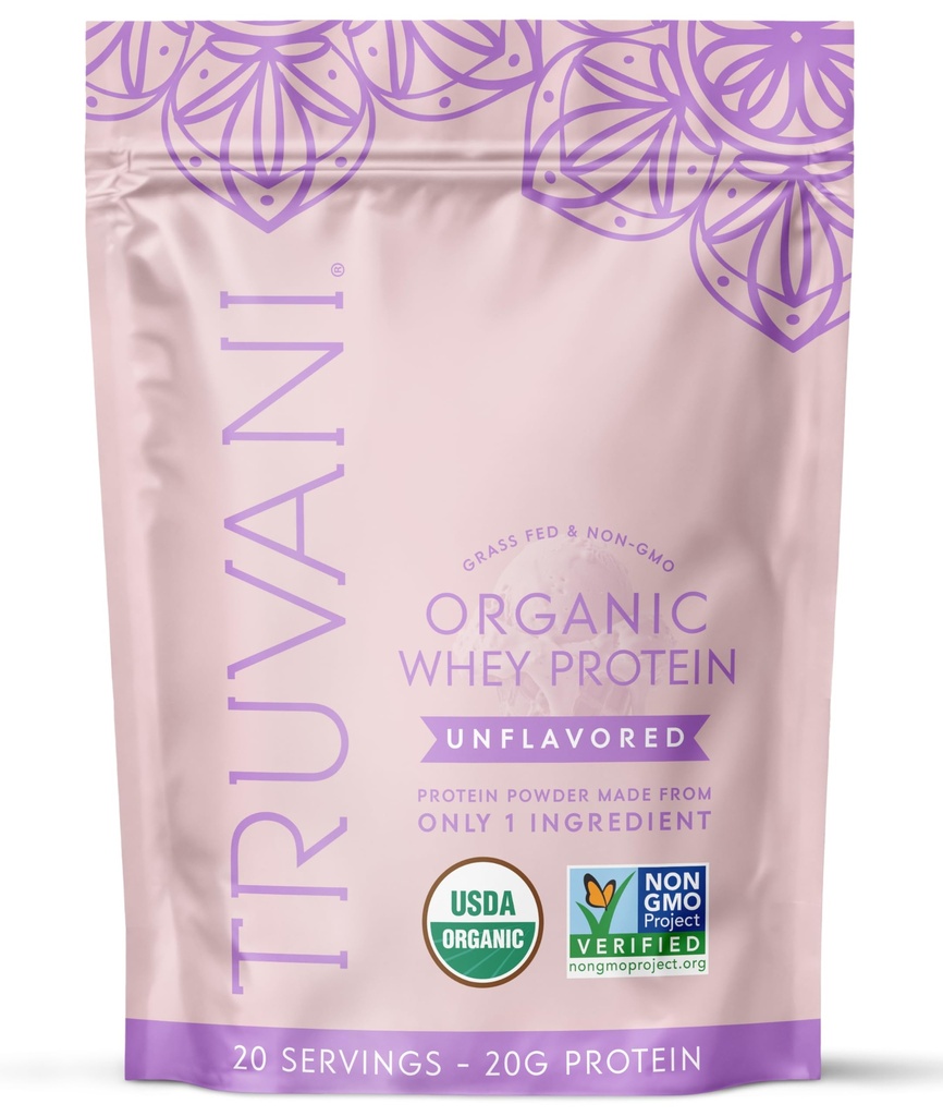 Truvani poudre de protéines de lactosérum biologique non aromatisé 20g de protéines de lactosérum de lactosérum 20 portions de l'USDA biologique et non-OGM sans gluten
