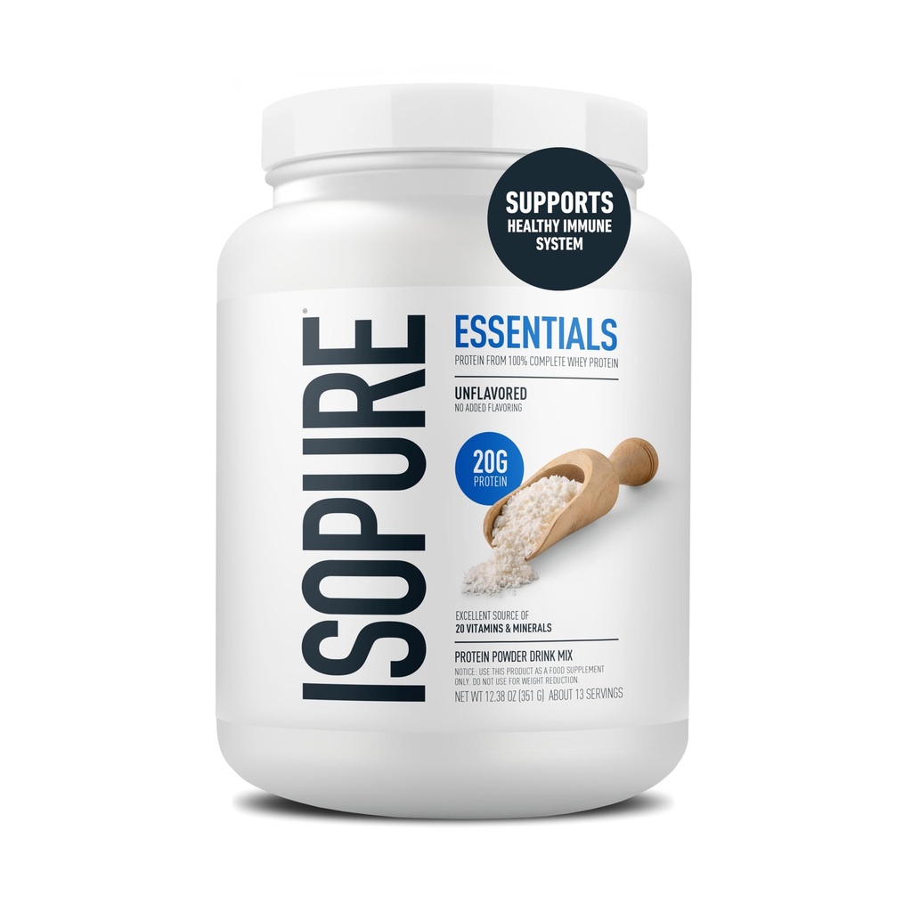 Isopure Essentials 100% poudre de protéines de lactosérum, avec des vitamines, 20g de protéines par portion, non aromatisé, 13 portions (paquet de 1)