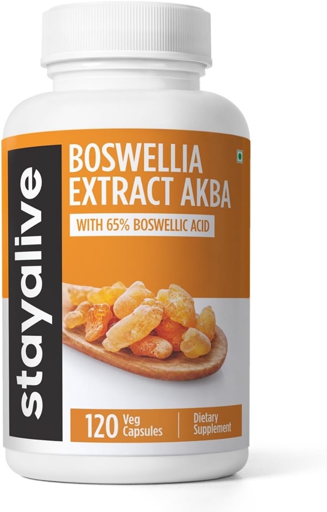 STAY ALIVE Boswellia Serrata Capsules d'extrait 1000mg avec AKBA et 65% d'acide boswellique, 12:1 Poudre d'extrait de résine, 120 Compte pour 2 mois d'approvisionnement, Supplément Boswellia sans OGM et sans gluten