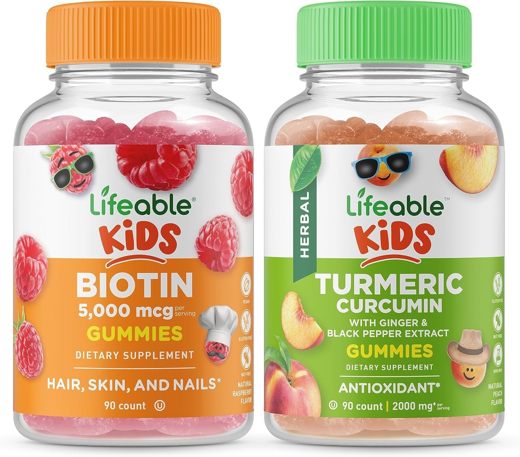 Biotine Lifeable Kids + Curcumine curcumine curcumine enfants, Gummies Bundle - Grande dégustation, supplément de vitamine, sans gluten, sans OGM, gummy à croquer