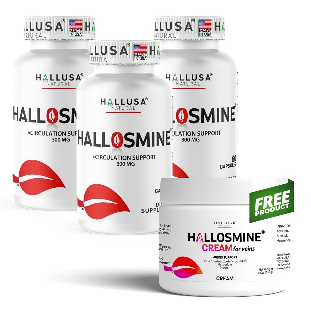 Hallusa Natural Hallosmine 300mg Diosmin + Bonus Leg Cream | High Potency Circulation & Vein Support Supplement for Vascular Health, Visible Veins, Swelling & Heavy Legs, 180 Capsules