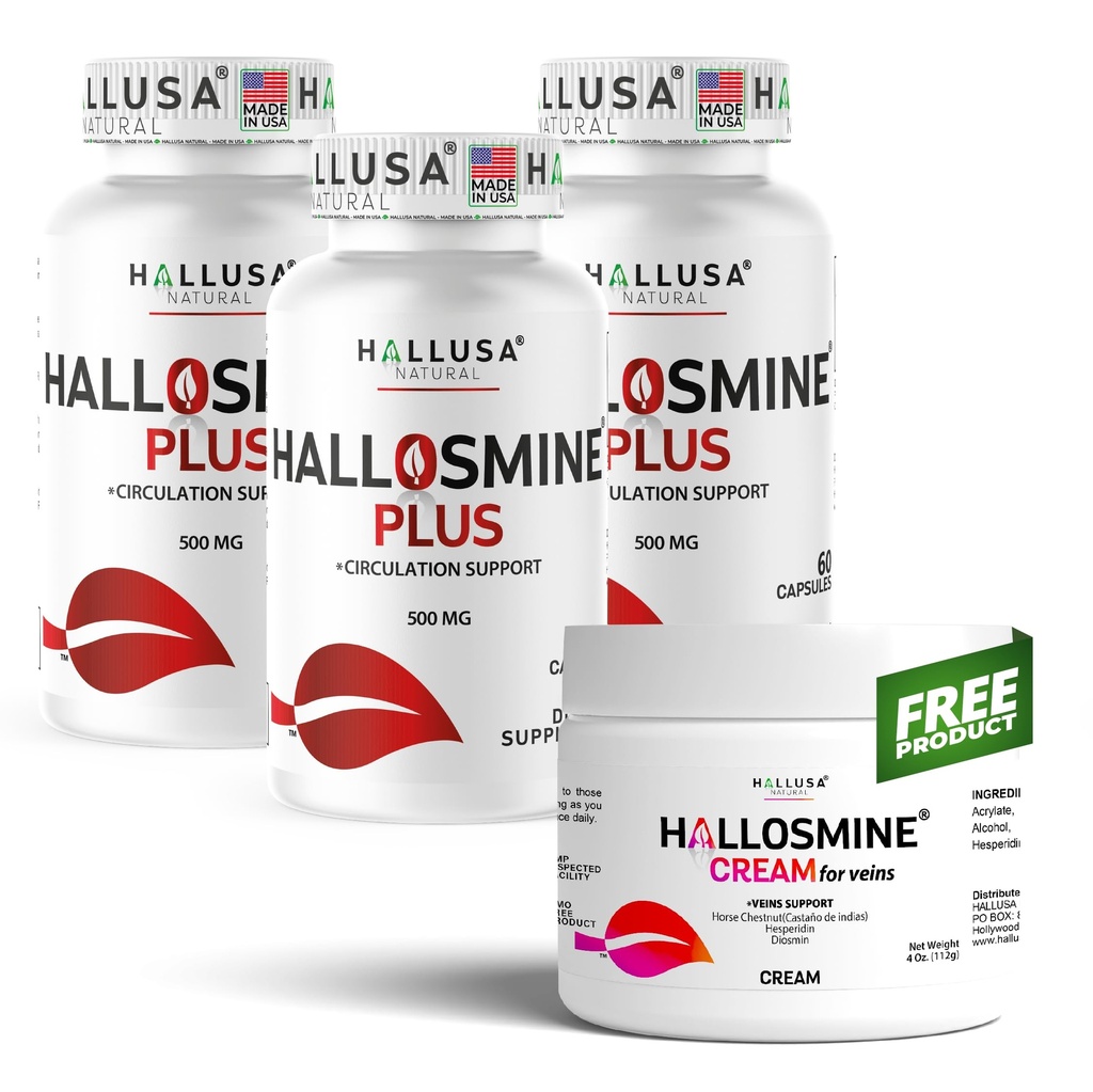 Hallusa Natural Hallosmine Plus 500mg Diosmin, 180 Capsules + Crème de jambe libre avec Diosmin, Hesperidin et Châtaigne de cheval, 4 oz de supplément de circulation sanguine et de soutien de la veine, sans OGM, sans gluten