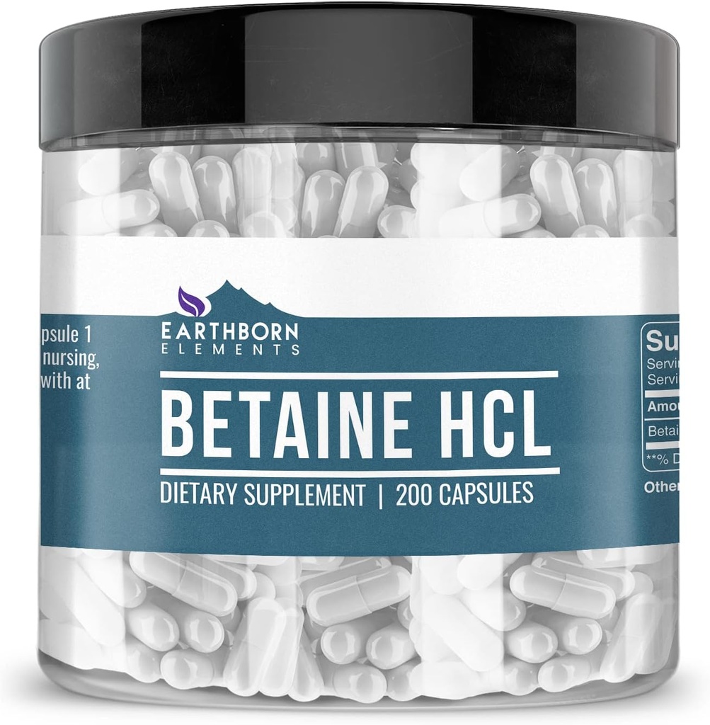 Éléments terriens Betaine HCL, 200 Capsules, testées en laboratoire, sans remplissage ni additifs