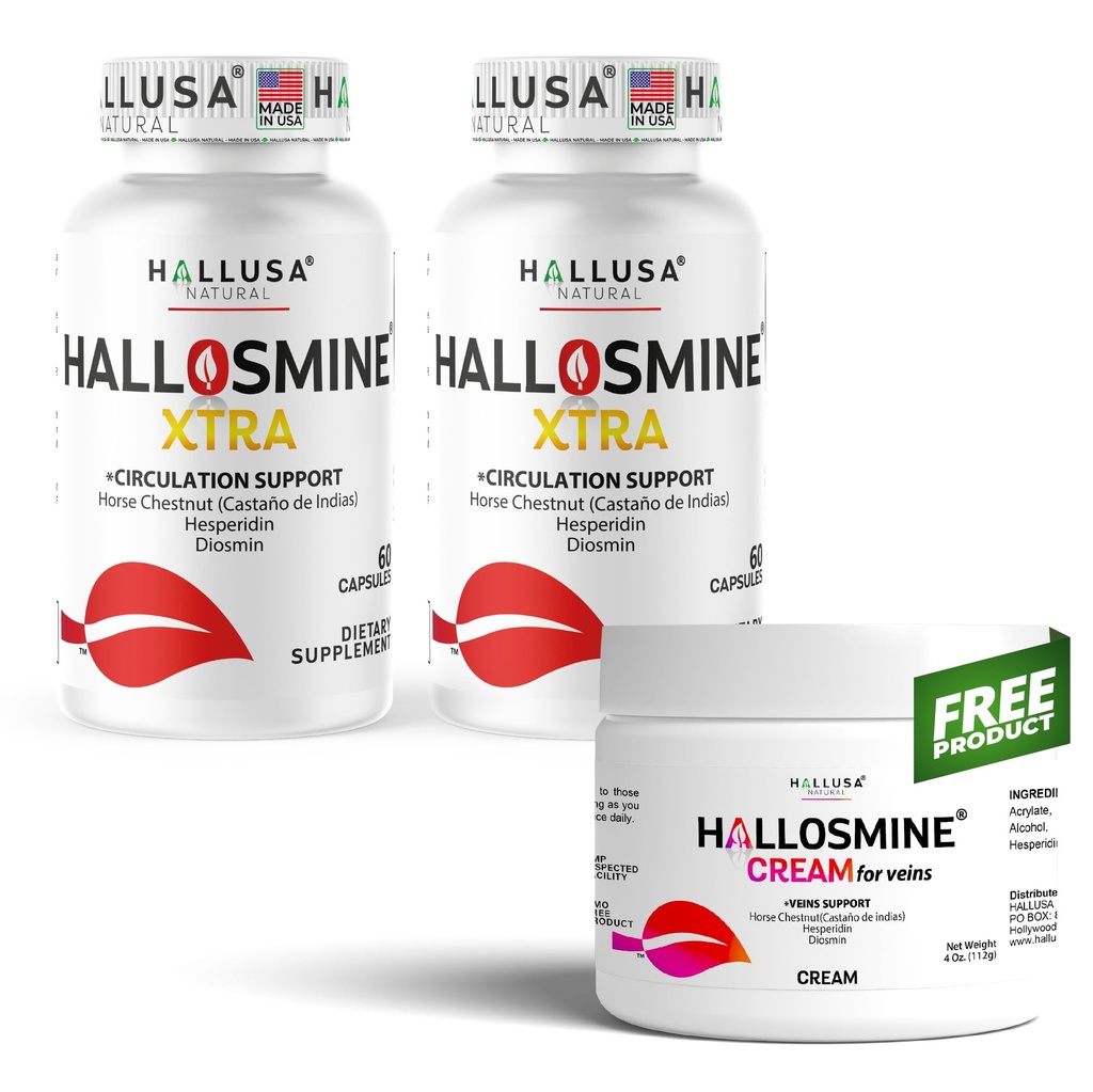 Hallosmine Xtra 850mg Diosmin Hesperidin & Horse Chestnut, 120 Capsules + Crème Jambe GRATUITE avec Diosmin, Hesperidin & Horse Chestnut, 4 oz.