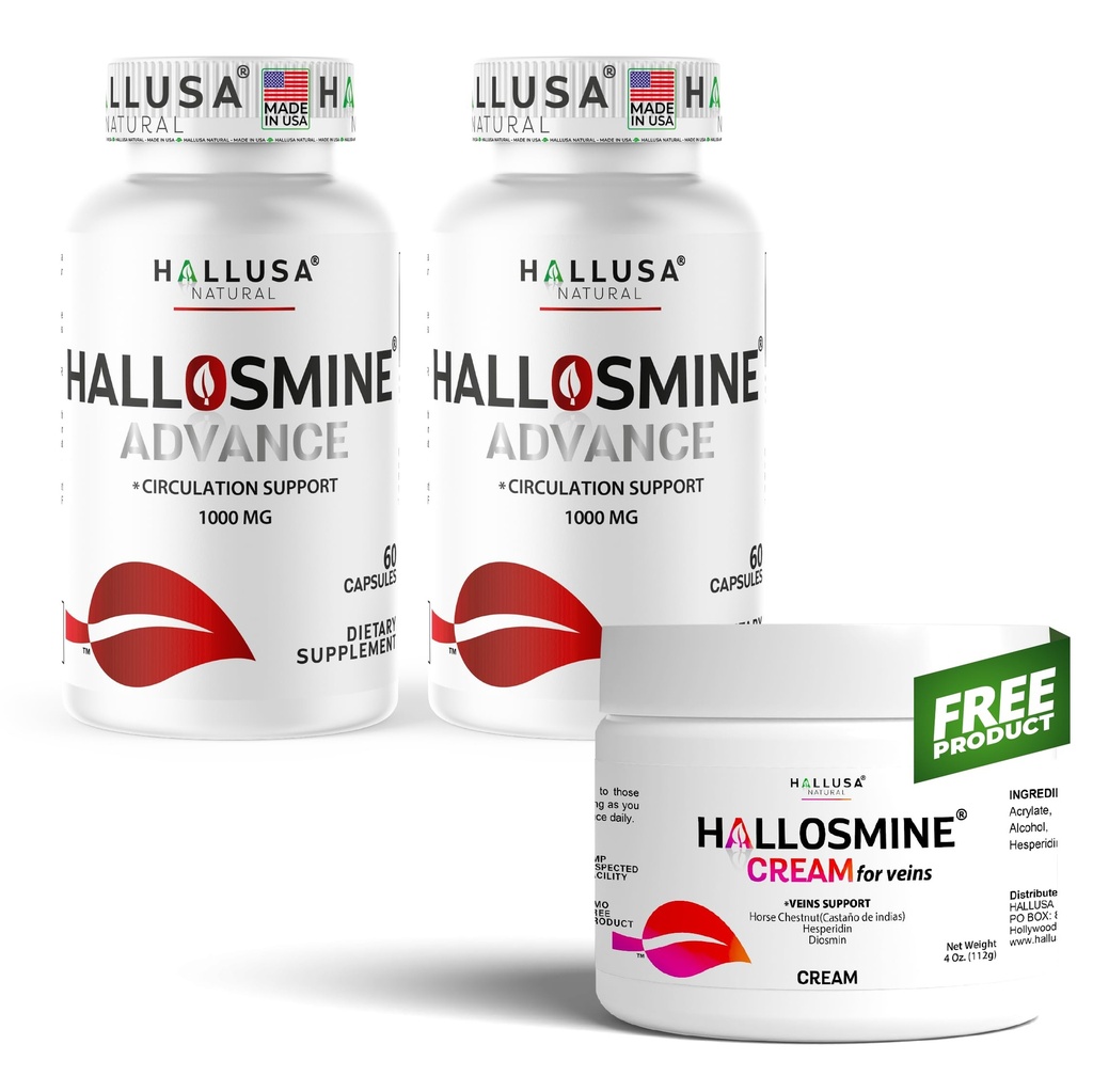 Hallusa Natural Hallosmine Advance Circulation & Vein Support, Diosmin 1000 mg + Free Leg Cream, Swollen Feet, Ankles and Legs, Visible Veins, Blood Flow & Heavy Legs, 120 Capsules