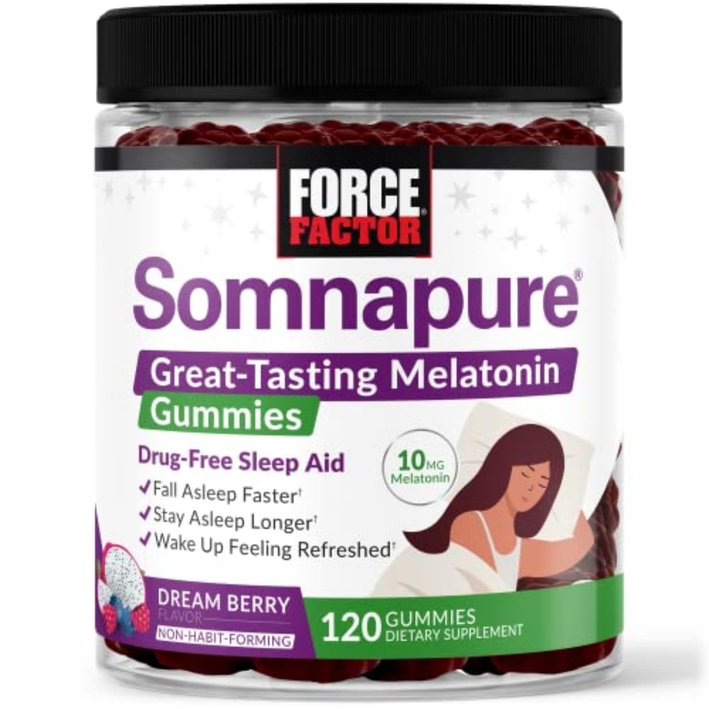 Force Factor Somnapure Gummies with Melatonin for Adults, Non-Habit-Forming Sleep Aid Supplement for Deep Sleep, Stay Asleep Longer, Wake Up Refreshed, Dream Berry Flavor, 120 Count (Pack of 1)