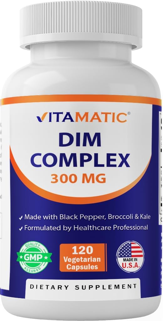 Complexe de supplément DIM Vitamatic pour les femmes et les hommes - 300mg - 120 Capsules de légumes - Fabriqué avec du poivre noir, de la poudre de brocoli et de la poudre de chou - Non-OGM et sans gluten - soutient l'équilibre hormonal