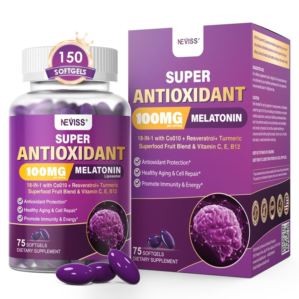 Mélatonine 100mg pour la santé antioxydante et cognitive, Mélatonine ultra-haute dose avec CoQ10, curcuma, trans-résvératrol, vitamine B12 C E pour l'anti-âge du cerveau, réparation cellulaire et énergie, 150 Softgels