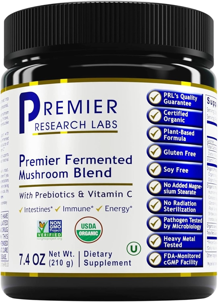 Premier Laboratoires de recherche Premier Mélange de champignons fermentés - Reishi Poudre de champignons, Extrait de champignons pour boissons, Café, Complexe de champignons avec la queue de dinde, Cordyceps pour la santé immunitaire et Gut - 7,4 oz